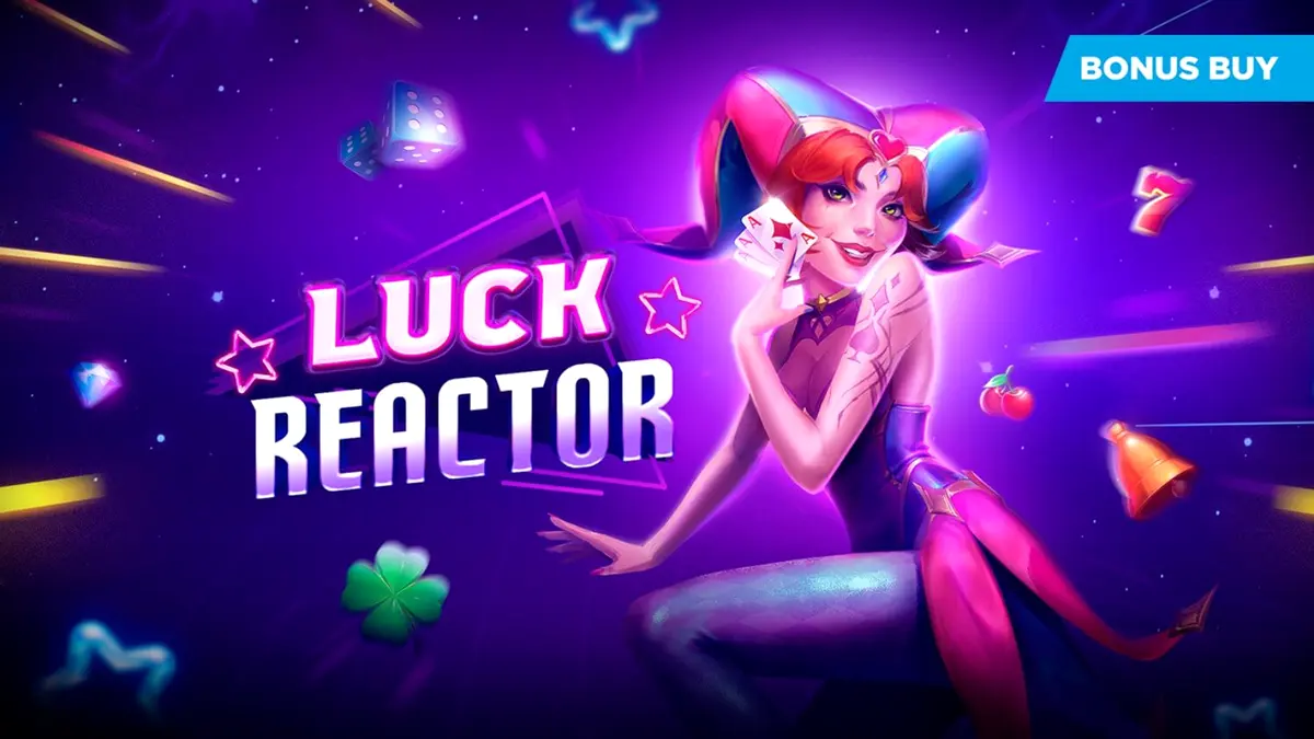 Tampilan visual futuristik dari slot Luck Reactor dengan simbol neon dan elemen ruang angkasa.