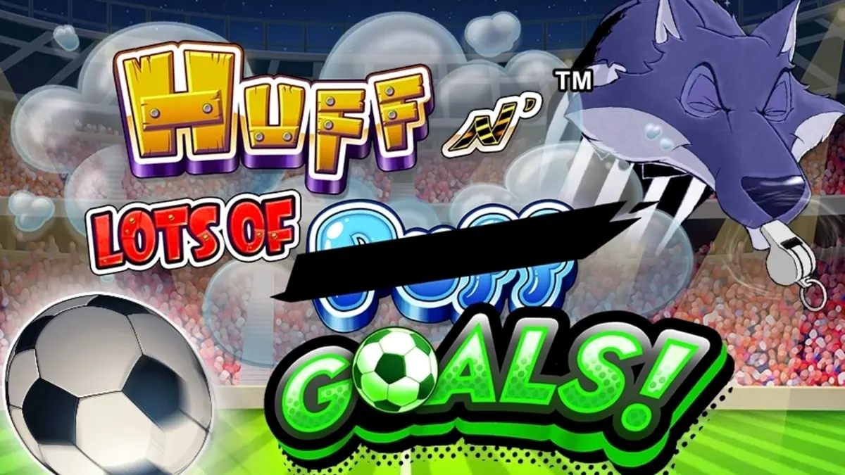 Tampilan visual slot Huff N’ Lots of Goals dengan tema sepak bola dan karakter babi.