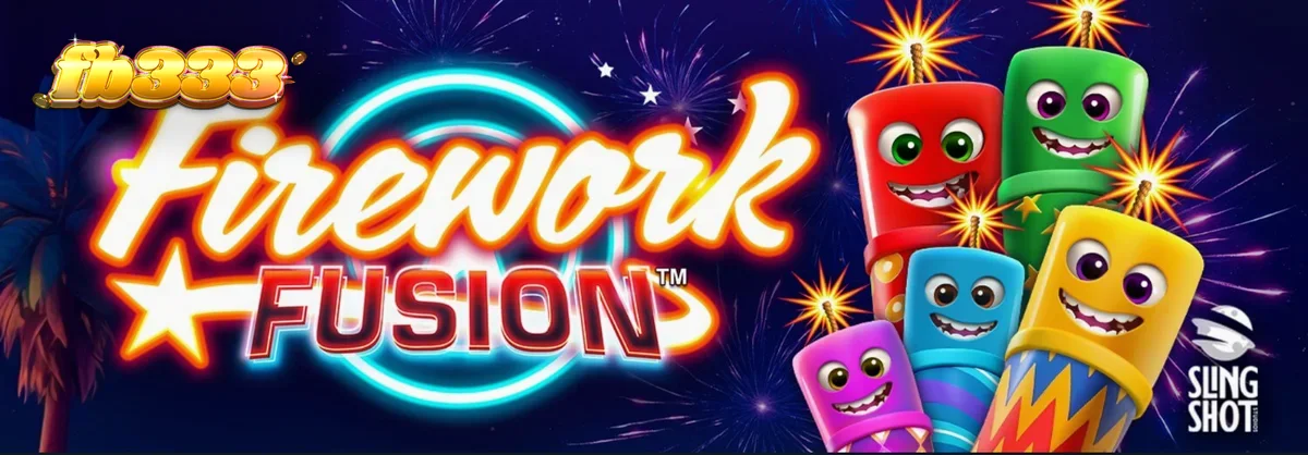 Tampilan visual slot Firework Fusion dengan latar belakang karnaval pantai dan kembang api.